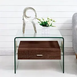 Приставной столик Q-Home Crystal Wood (Кристал Вуд), 50x55 см, стеклянный с деревянным ящиком, QHF-GW608