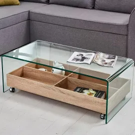 Журнальный стол Q-Home Crystal Wood (Кристал Вуд), 110x55 см, стекло гнутое с выкатным ящиком, QHF-GW606