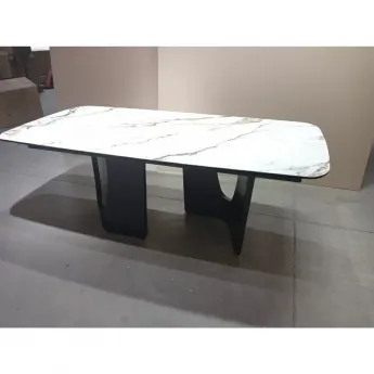 Стол обеденный Q-Home Birger, 200/300 см, раскладной, контрастный мрамор матовая керамика / каркас темно-серый, QH626M05888