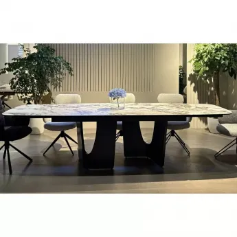 Стол обеденный Q-Home Birger, 200/300 см, раскладной, контрастный мрамор матовая керамика / каркас темно-серый, QH626M05888