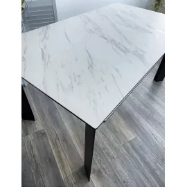 Стол обеденный Q-Home Cremona, 140/200 см, раздвижной, белый мрамор итальянская керамика / каркас чёрный