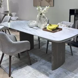 Стол обеденный Q-Home Calvin, 180/260 см, раздвижной, полуглянцевая керамика белый мрамор / каркас металл серый дуб, QH614M06012
