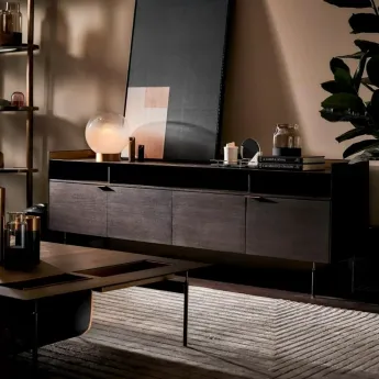 Тумба ТВ Art Fabric Linate, 4 дверцы, 3 открытых полки, шпон дуба/латунь, 00682