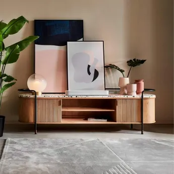 Тумба ТВ Art Fabric Tierra, 2 дверцы, 2 открытых полки, терраццо столешница, 00843